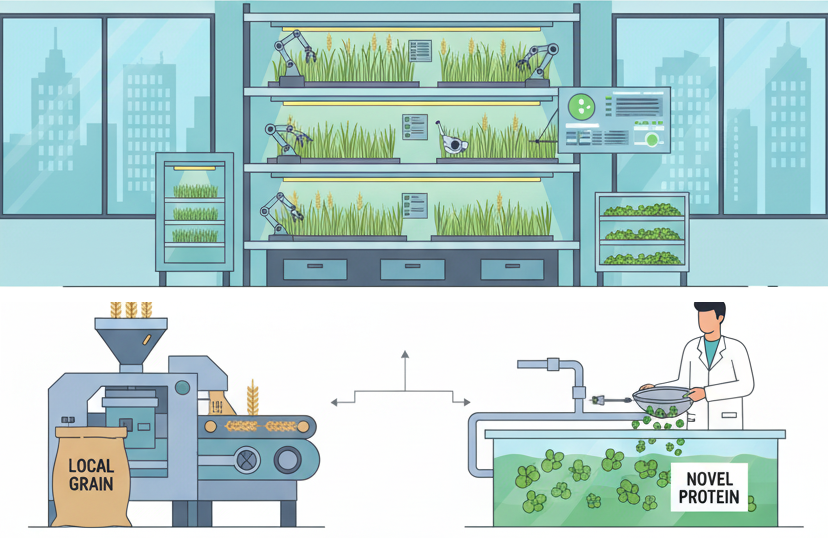 Vertical-farm cereals and high-protein aquatic crops